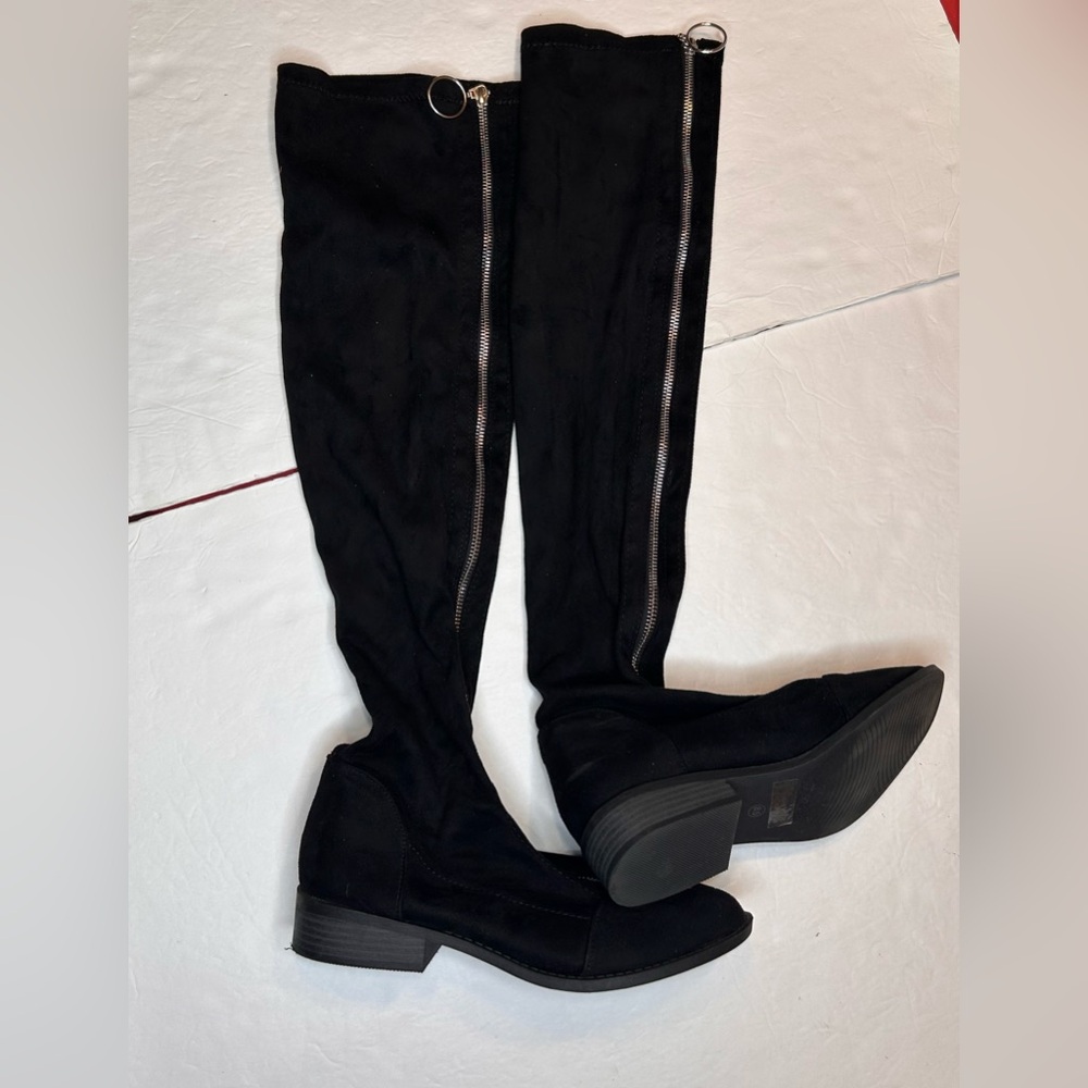 Black Over-the-Knee Women's Boots Suede Flat Tall Warm Long Boots ZipUp Size 8.5